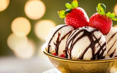 Delicious ice cream dessert with chocolate sauce and fresh strawberries in a festive setting