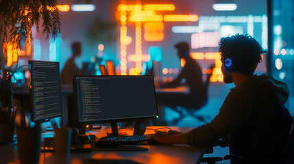 Nighttime Coding: Focus on software development in a vibrant, modern office. Developer immersed in work at his desk, lit by screens.