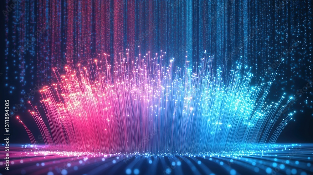 Poster  Glowing fiber optic light background in red and blue colors, representing big data technology with high-speed tunnel effect. Digital abstract design for optical communication networks and web banners