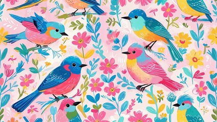 Obraz premium Bird pattern, childish seamless background. Perfect for fabric, textiles, wrapping, wallpaper, and apparel. Hand drawns