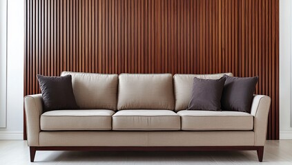 Quiet elegance with a taupe sofa on mahogany stripes.