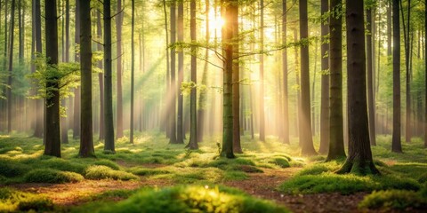 Obraz premium Golden Rays Illuminating a Mystical Forest Path at Dawn, Casting a Magical Glow on Lush Greenery
