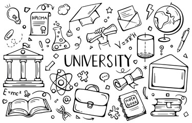 University. Simple black and white vector set of illustrations, icons and signs related to education, training, school, college