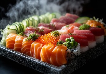 Delicious sushi platter with assorted rolls garnished with fresh vegetables and vibrant toppings : Generative AI