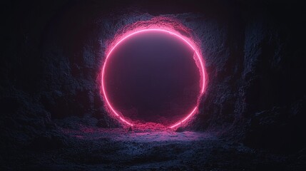 Obraz premium The image depicts an abstract and futuristic sci-fi tunnel with a vibrant neon glow, accentuated by lines and lights that shine out against the dark and empty space, empty space