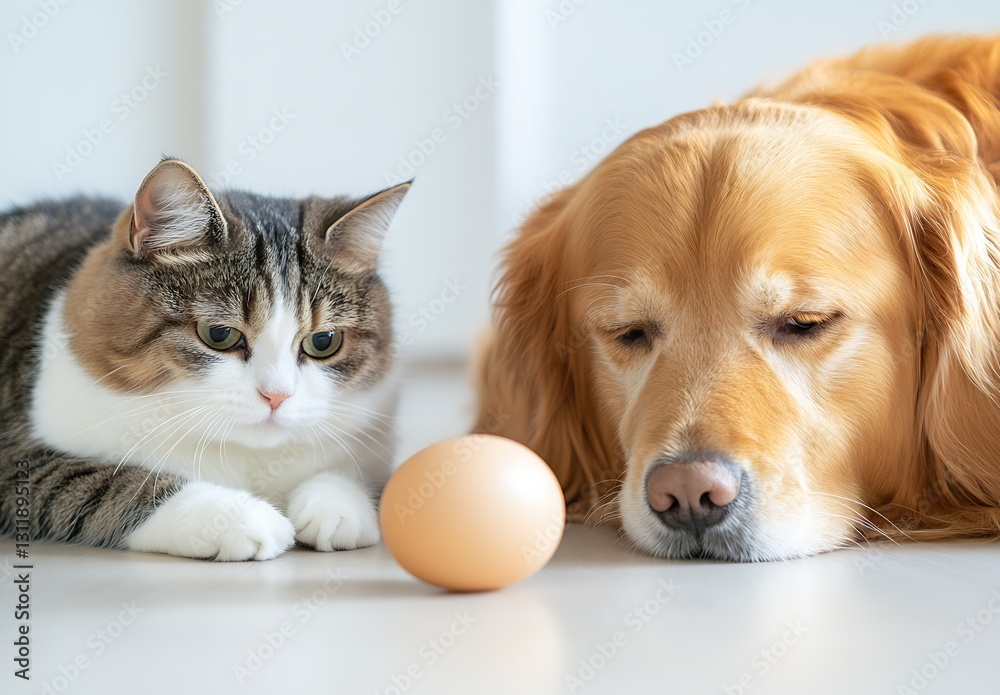 Poster curious golden retriever and tabby cat staring at an egg on the floor : generative ai