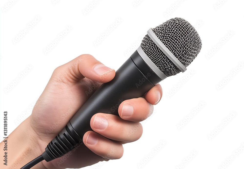 Poster close-up of a hand holding a microphone ready for performance and speaking engagement : generative a