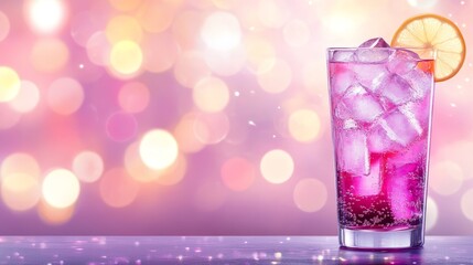 Refreshing pink drink with ice and lemon slice against a vibrant bokeh background