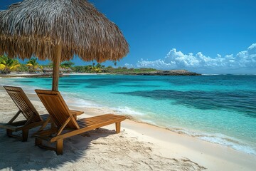 Escape to paradise with this serene tropical beach scene featuring a wooden sun lounger, chair, umbrella, and bench overlooking the tranquil waters.