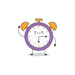 Cute alarm clock cartoon character waving hand hi doodle