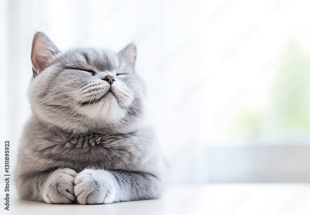 Poster Sweet gray cat with a serene expression resting comfortably on a table : Generative AI