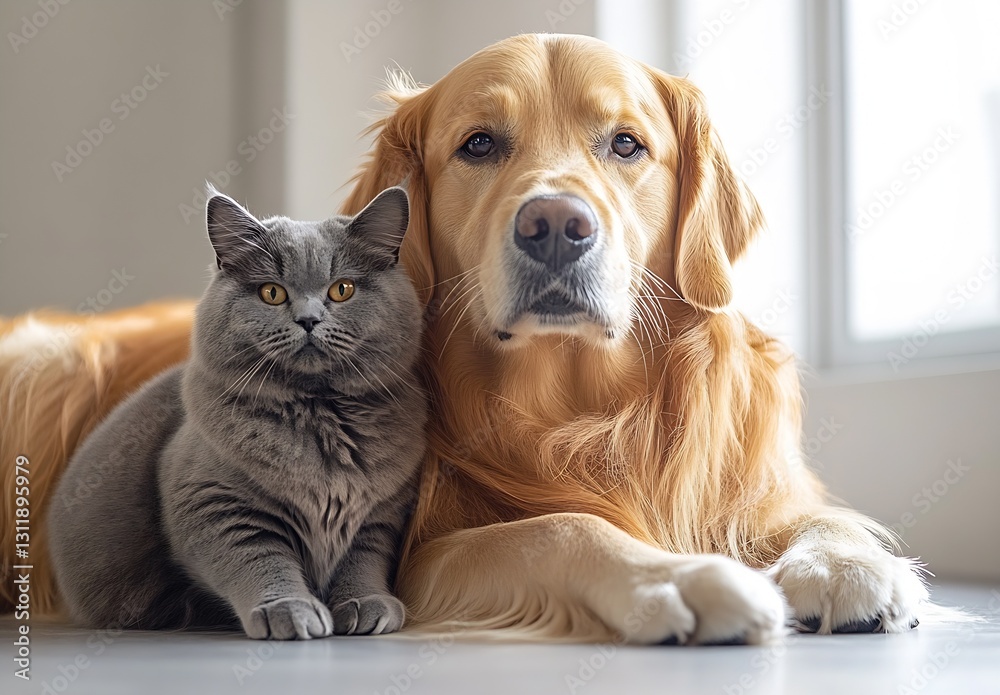 Poster golden retriever snuggling with grey cat in bright light and cozy environment : generative ai
