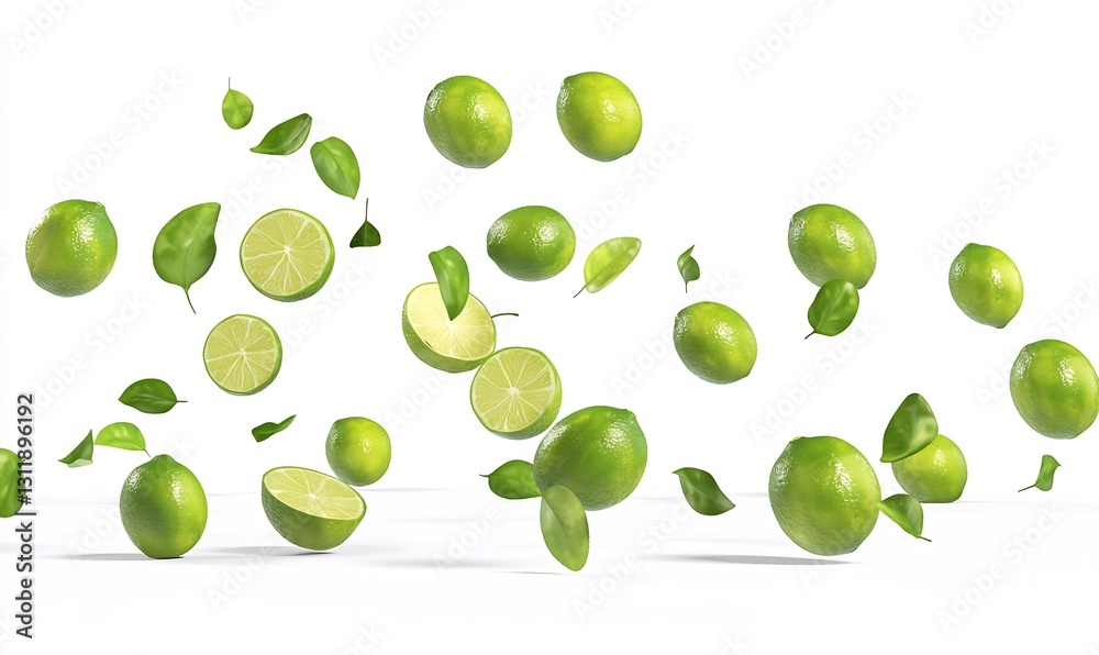 Aufkleber Fresh limes and green leaves floating in the air representing freshness and health : Generative AI