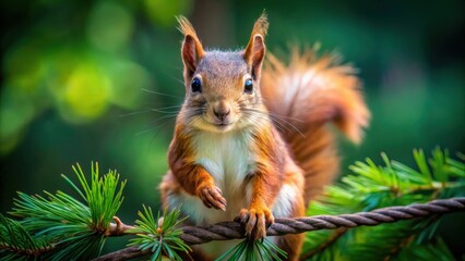 Obraz premium A charming red squirrel perched on a rope, amidst vibrant green pine branches, captivatingly gazes directly at the camera.