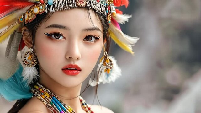  Asian woman wearing traditional tribal headdress outfit decorated with vibrant feathers of various colors,