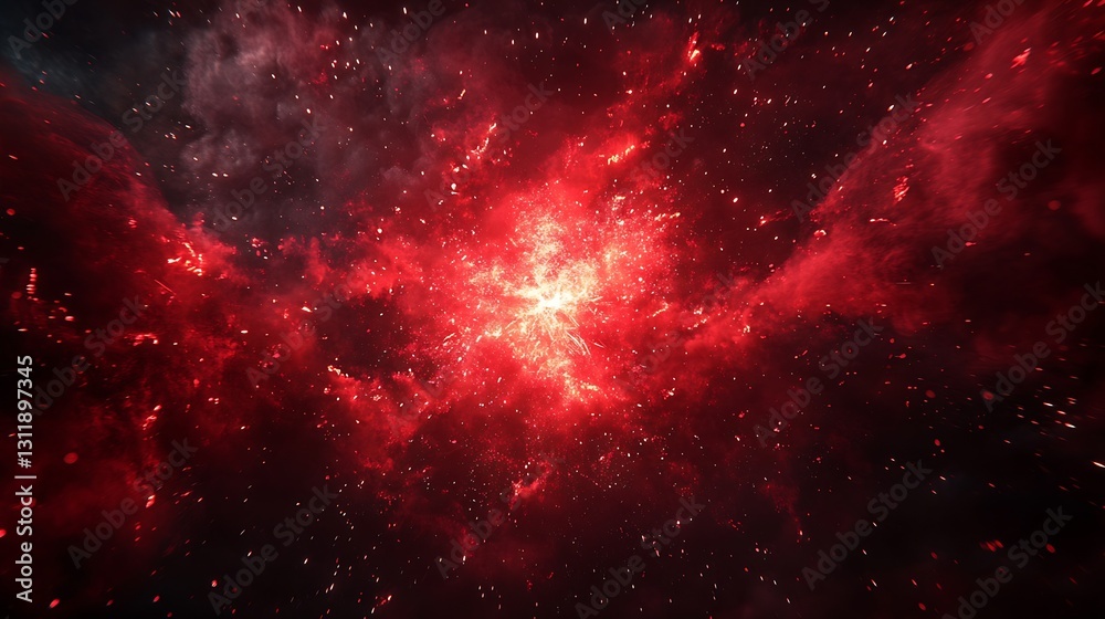 Aufkleber Dramatic Cosmic Scene with Red Clouds and Sparkles Representing Space Imagery : Generative AI