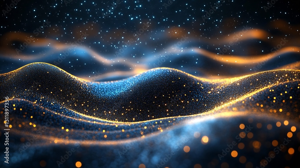 Poster Glittering Abstract Landscape with Dark Waves and Sparkling Orange Lights : Generative AI