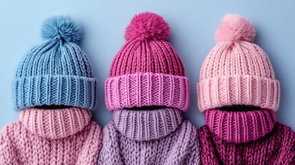 Soft and stylish winter essentials featuring knitted hats and gloves on a gentle pastel surface