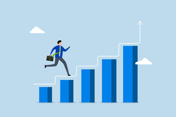 Fototapeta premium improvement to success, entrepreneur ascends success chart and graph with steps to achievement. 