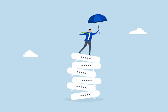 Chat dialogue, entrepreneur stands on a pile of dialogue speech bubbles. 