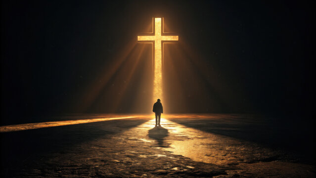 A glowing cross radiating warm golden light against darkness with a lone figure standing in awe