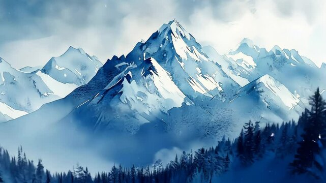 A serene watercolor painting of snow covered mountains and pine trees under a cloudy sky