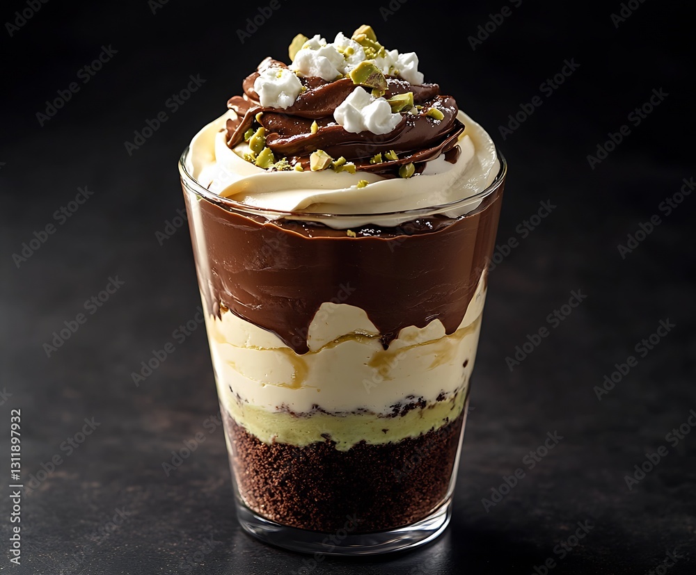 Poster decadent chocolate dessert in a glass with layers of cream and toppings : generative ai