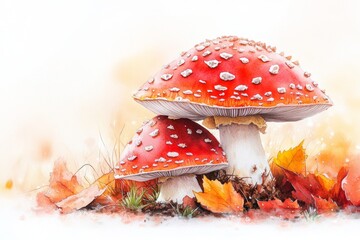 A whimsical watercolor depiction of a mushroom field at sunrise, with dreamy colors blending into a peaceful, misty atmosphere
