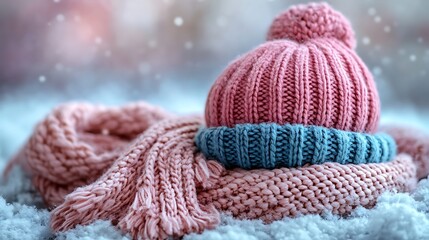 A collection of warm winter essentials featuring knitted hats gloves and scarves on a soft pastel surface