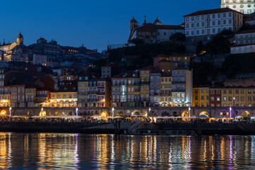 Porto Ribeira District at Night with Reflections on Douro River