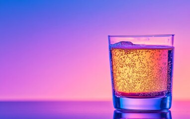 Vibrant glass of sparkling beverage with bubbles against a colorful gradient background