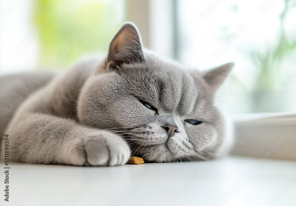 Aufkleber cute and relaxed gray cat lying down and peacefully resting on a bright surface with a snack : gener
