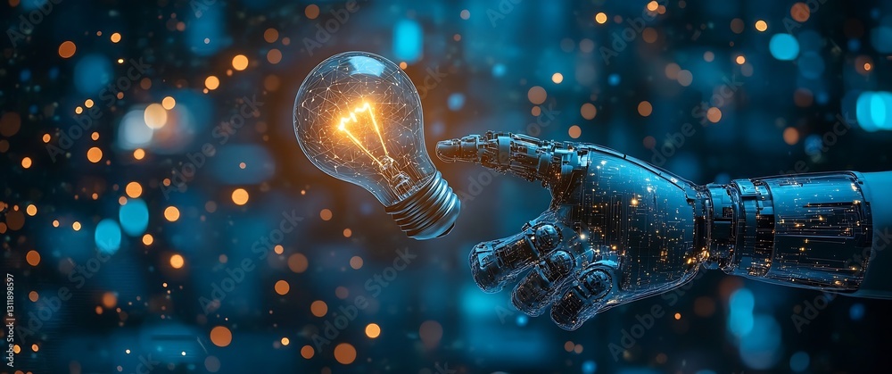 Fototapete futuristic robotic hand presenting a glowing light bulb with a shimmering backdrop : generative ai