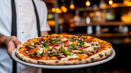 Chef presenting a freshly baked pizza topped with vegetables and meat in a cozy restaurant setting