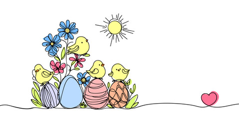Happy Easter spring decoration. Easter eggs, chicks and flowers. Continuous one line drawing. Vector illustration © Emilia
