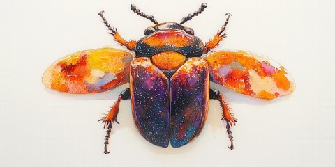Obraz premium Vibrant watercolor beetle with bold oranges, yellows, purples, and black-white speckles, elegantly poised in profile
