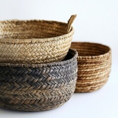 Obraz premium Rustic Woven Baskets Stacked on White Background