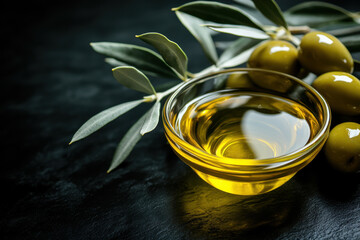 A luxurious still life composition featuring a glass bowl of golden olive oil, fresh green olives, and olive branches on a dark background