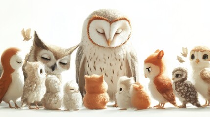 Fototapeta premium Serene Gathering of Owls and Owlets in Soft Lighting