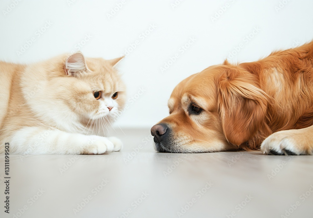 Poster cute cat and dog having a face to face moment on a clean floor : generative ai