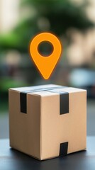 A delivery box with a location pin, symbolizing shipping and tracking services in an outdoor setting.