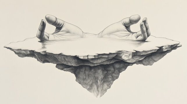 A stunning monochrome ink drawing of a woman's hands in a meditative mudra pose, resting gently on an abstract, floating stone structure