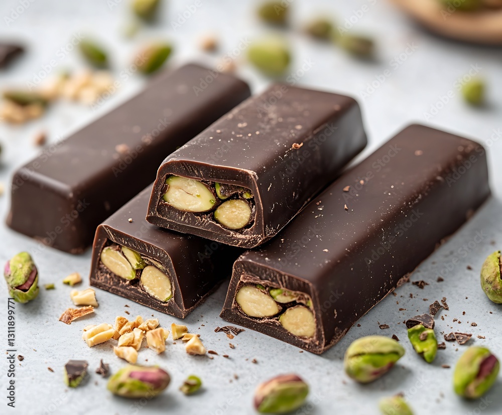 Poster Delicious Dark Chocolate Bars Filled with Pistachios and Nuts on a Rustic Table : Generative AI