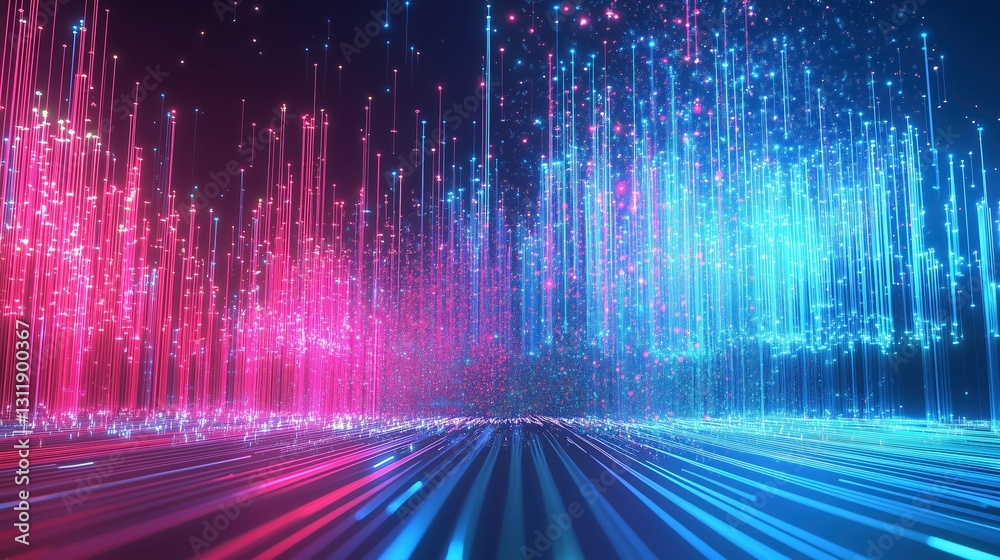 Poster  Glowing fiber optic light background in red and blue colors, representing big data technology with high-speed tunnel effect. Digital abstract design for optical communication networks and web banners