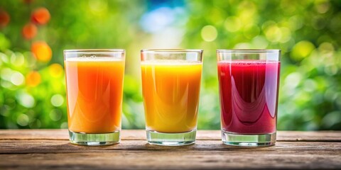 Fototapeta premium Three glasses of colorful fruit juice stand on a rustic wooden surface, bathed in natural sunlight against a vibrant, out-of-focus background of lush green foliage.