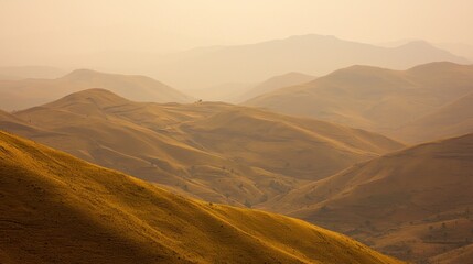 Fototapeta premium Golden mountain range, hazy vista, tranquil landscape