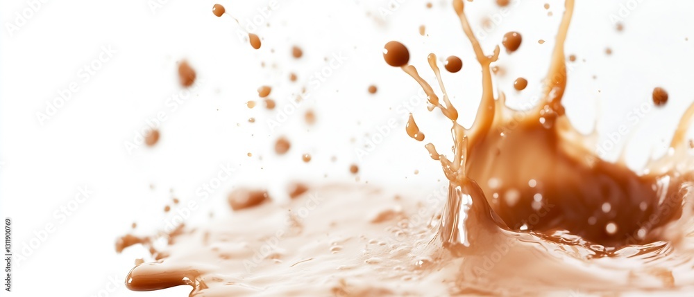 Poster Dynamic Chocolate Splash and Droplets Against White Background for Beverage and Dessert Themes : Generative AI