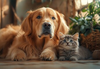 Golden Retriever Dog and Kitten Relaxing Together in a Natural Setting : Generative AI