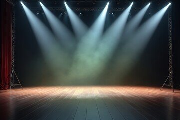 a dimly lit stage with spotlights and wooden floor