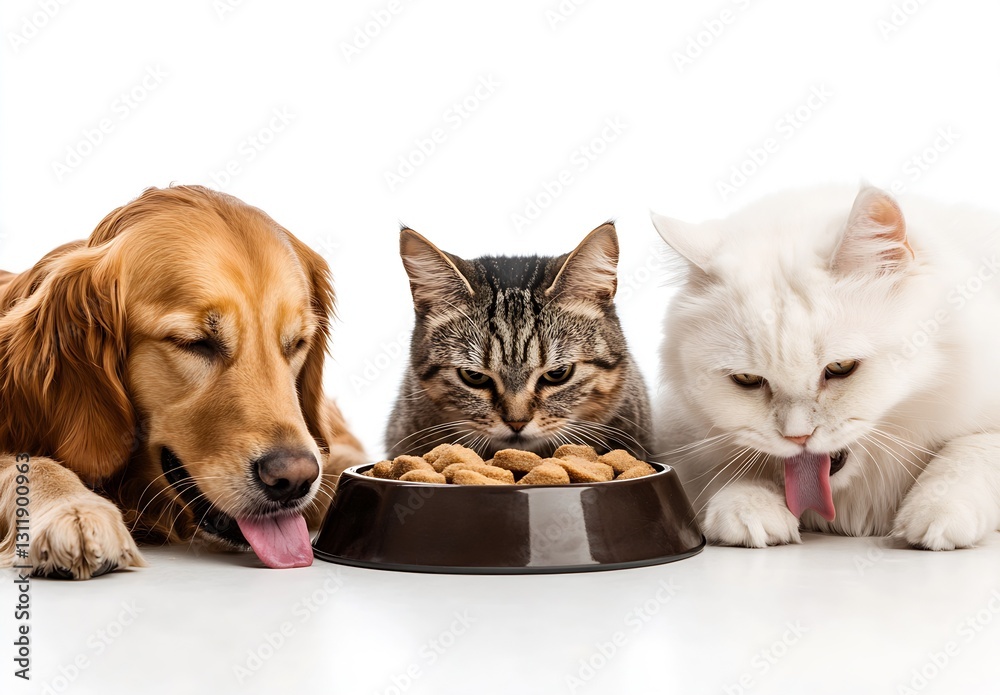 Poster Golden Retriever Cat and Persian Cat Enjoying Meal Together : Generative AI